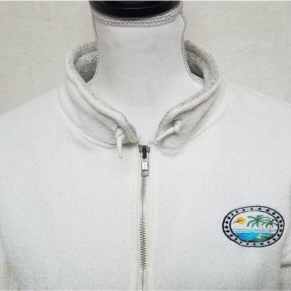 𝅺VINTAGE 1990s Exist White Gray Striped Full-zip Terry Cloth Cropped Sweater - Picture 3 of 11